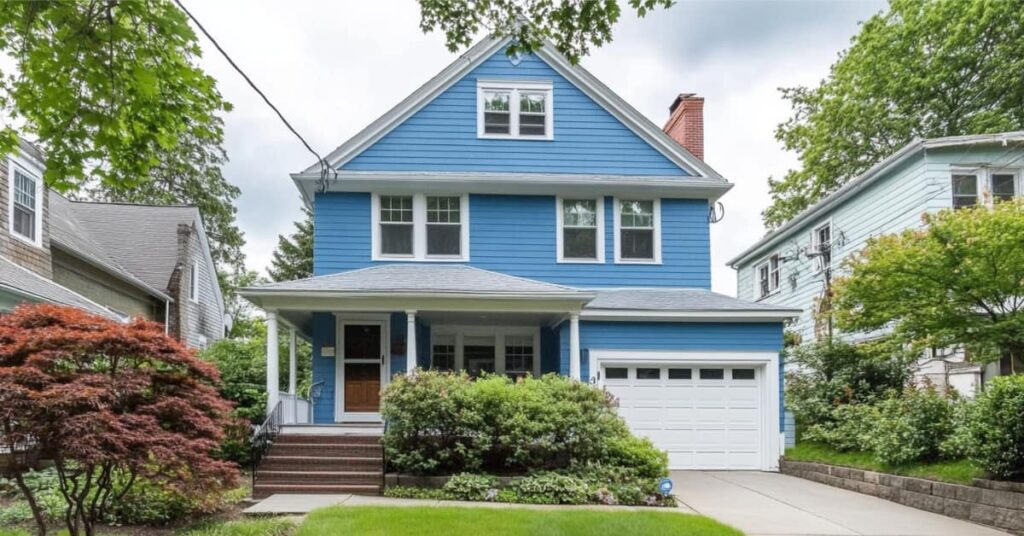 Best Painters Near Me in Montville, NJ 1 house inbetween 2 others with shrubs, concept of Best Painters Near Me in Montville, NJ